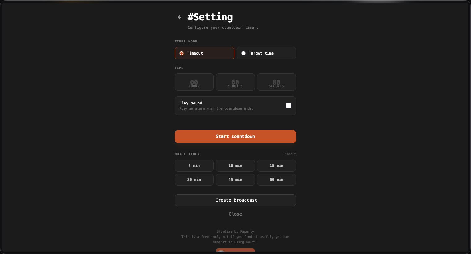 Showtime timer configuration options